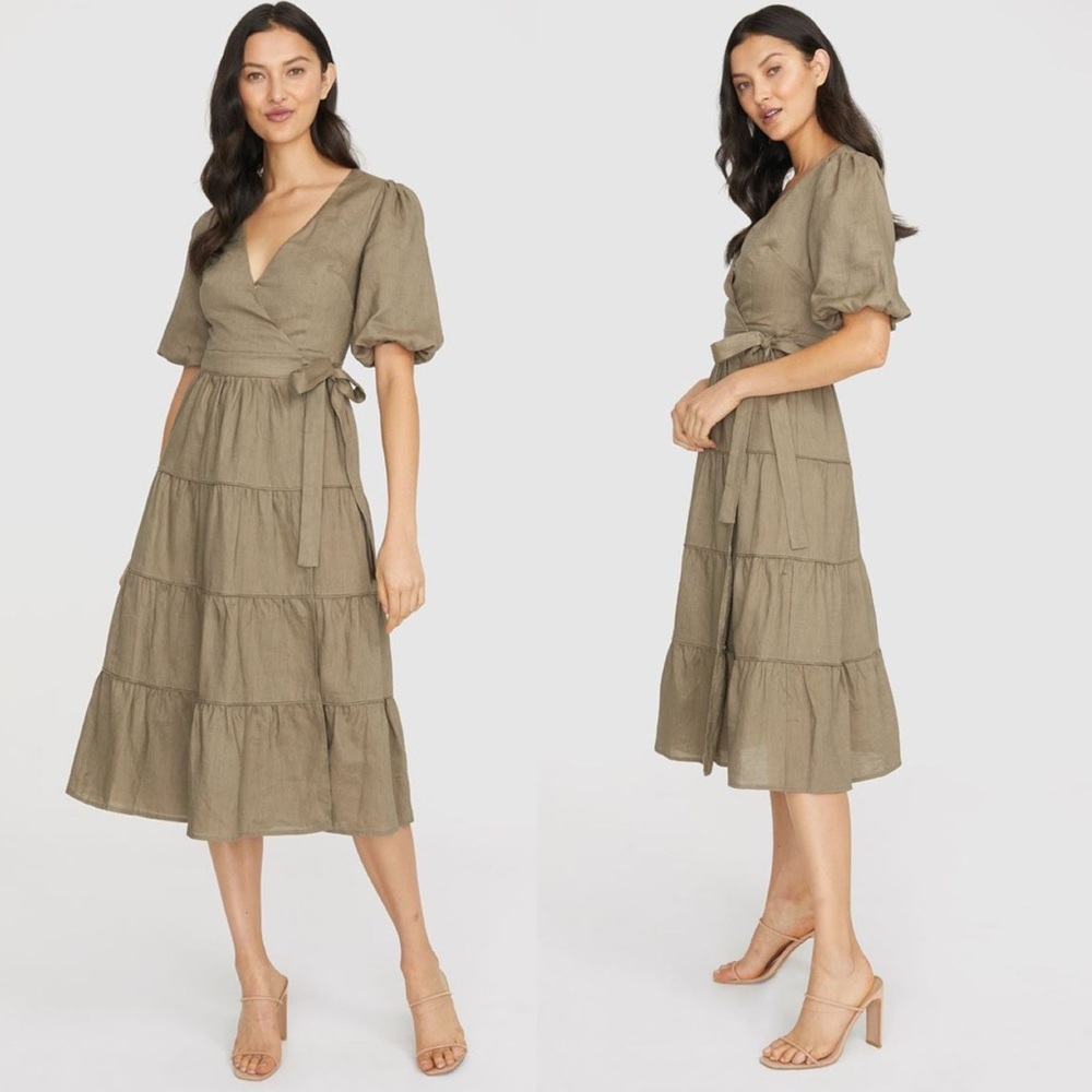 We Are Kindred Madeline Linen Wrap Dress in Olive